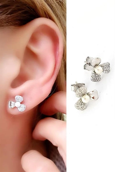 Incili Zirkon Taşlı 925Ayar Gümüş İtalyan Tasarımı Çiçek Küpe ürün görseli