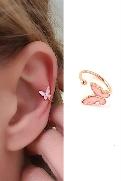 Pembe Mineli 925Ayar Gümüş Üzerine Rose Altın Kaplama Trend Kelebek Sıkıştırmalı Kıkırdak Küpesi