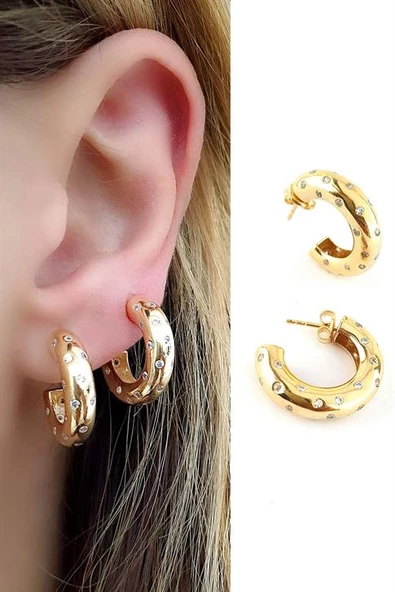 Zirkon Taş Detaylı 925Ayar Gümüş Üzerine Altın Kaplama Luxury Tasarım Bombeli Halka Küpe ürün görseli