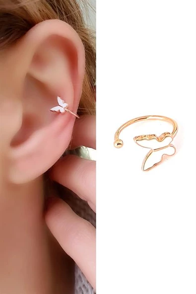 Beyaz Mineli 925Ayar Gümüş Üzerine Rose Altın Kaplama Trend Kelebek Sıkıştırmalı Kıkırdak Küpesi ürün görseli