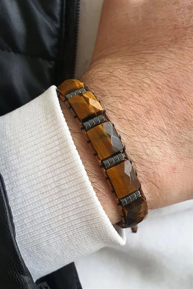 Özel Faset Kesim Kaplan Gözü Taşlı Hematit Detaylı El İşi Tasarım Erkek Bileklik ürün görseli