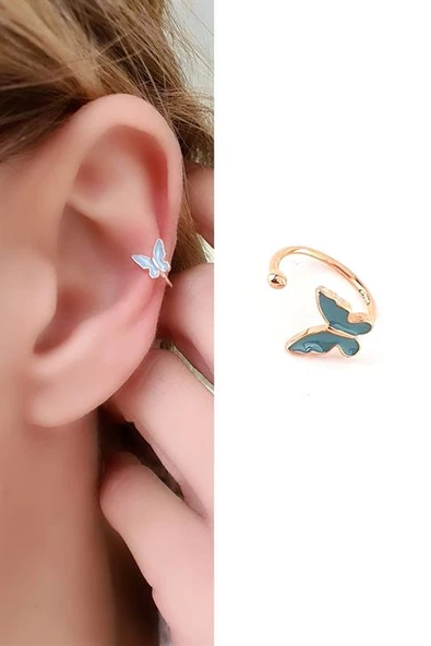 Mavi Mineli 925Ayar Gümüş Üzerine Rose Altın Kaplama Trend Kelebek Sıkıştırmalı Kıkırdak Küpesi ürün görseli