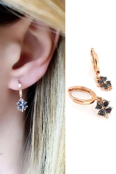 Mistik Topaz Taşlı 925Ayar Gümüş Üzerine Rose Altın Kaplama Yonca Figürlü Trend Küpe