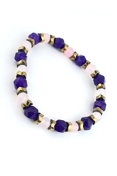 Ametist Pembe Kuvars Taşlı Hematit Taş Detaylı Tasarım Doğal Taş Bileklik ürün görseli