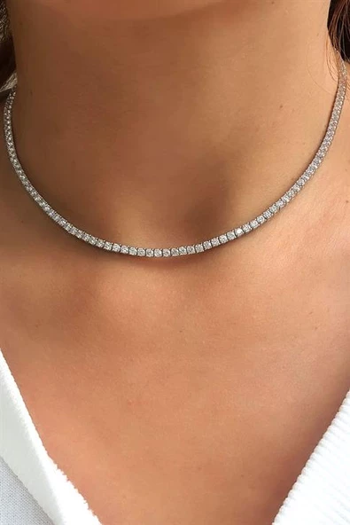 Pırlanta Parlaklığında Swarovski Taşlı 925Ayar Gümüş Su Yolu Choker Kolye ürün görseli