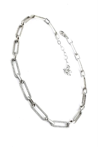 Pırlanta Parlaklığında Zirkon Taşlı 925Ayar Gümüş Tasarım Choker Kolye ürün görseli