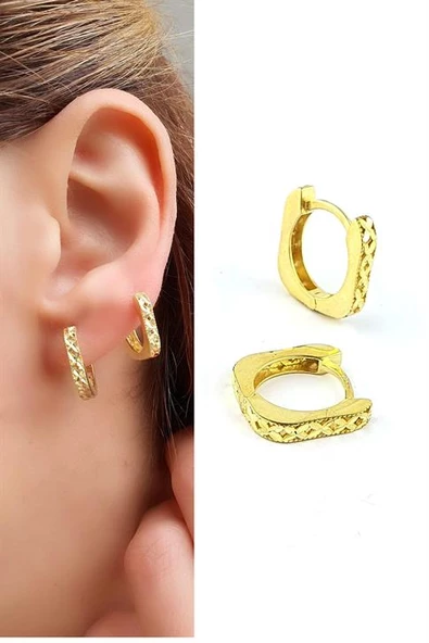 Lazer Kesim 925Ayar Gümüş Üzerine Altın Kaplama Kare Halka Küpe ürün görseli