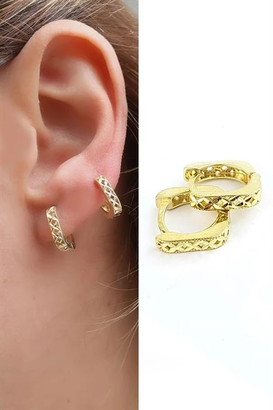 Lazer Kesim 925Ayar Gümüş Üzerine Altın Kaplama Kare Halka Küpe ürün görseli