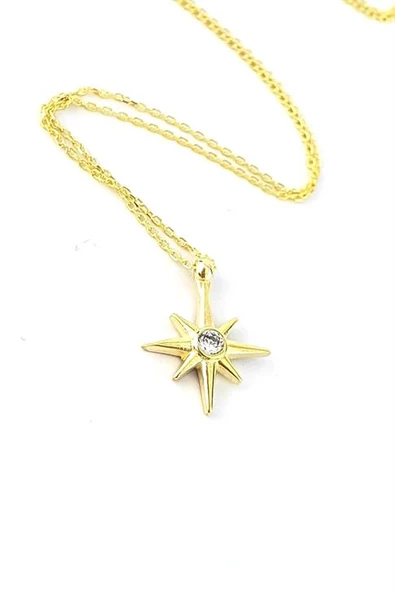 Zirkon Taş Detaylı 925Ayar Gümüş Üzerine Altın Kaplama Kutup Yıldızı Minimal Kolye ürün görseli