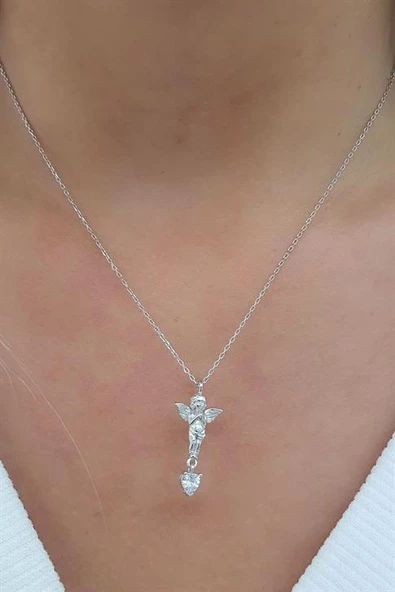 Zirkon Kalp Taşlı 925Ayar Gümüş 3 Boyutlu Tasarım Eros Aşk Meleği Kolye ürün görseli