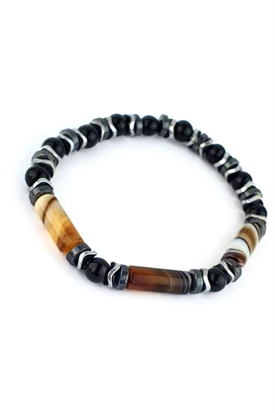 Akik Oniks Ve Hematit Taşlı El İşi Tasarım Doğal Taş Bileklik ürün görseli