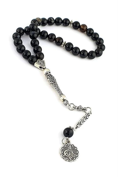 Akik Taşlı Çelik Püsküllü Tasarım Doğal Taş Tesbih ürün görseli