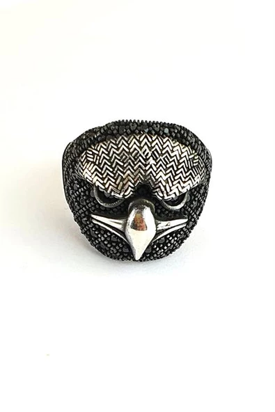 Oniks Taş Detaylı Üç Boyutlu 925Ayar Gümüş Baykuş Erkek Yüzük ürün görseli