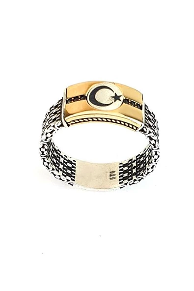 Ay Yıldız Figürlü 925Ayar Gümüş Tasarım Erkek Yüzük ürün görseli