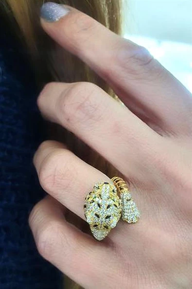 Pırlanta Parlaklığında Zirkon Taşlı 925Ayar Gümüş Üzerine Altın Kaplama İtalyan Tasarımı Ayarlanabilir Kaplan Yüzük ürün görseli 1