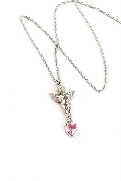 Pembe Zirkon Kalp Taşlı 925Ayar Gümüş 3 Boyutlu Tasarım Eros Aşk Meleği Kolye ürün görseli