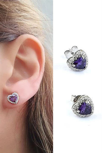 Mor Ametist Taşlı 925Ayar Gümüş Kalp Küpe