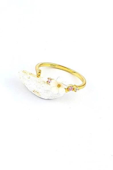 Sedef Taşlı El İşi 925Ayar Gümüş Üzerine Altın Kaplama Manolya Ayarlanabilir Yüzük ürün görseli