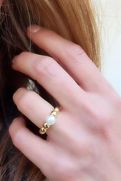 925Ayar Gümüş Üzerine Altın Kaplama Tasarım Ayarlanabilir İnci Yüzük ürün görseli