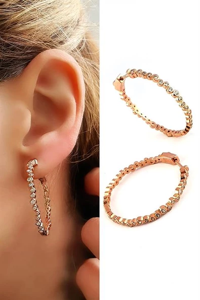 Zirkon Taş Detaylı 925Ayar Gümüş Üzerine Rose Altın Kaplama Trend Halka Küpe ürün görseli