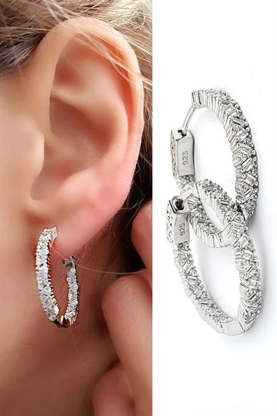 İci Dışı Baget Zirkon Taş Detaylı 925 Ayar Gümüş Halka Küpe Çap 2.5 Cm Dir
