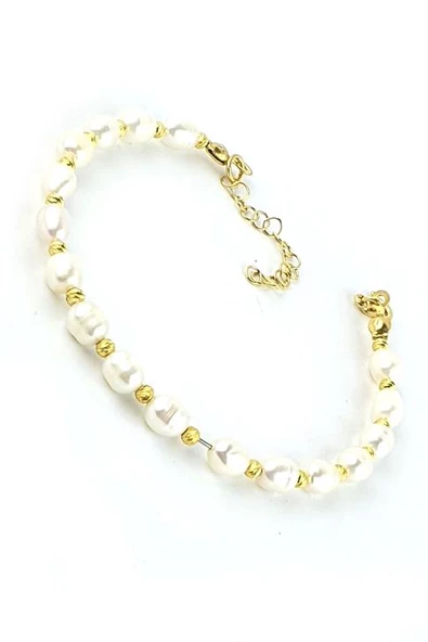 925Ayar Gümüş Üzerine Altın Kaplama Ara Parçalı İnci Tasarım El İşi Bileklik ürün görseli