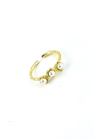 925Ayar Gümüş Üzerine Altın Kaplama Ayarlanabilir Üçlü İnci Yüzük ürün görseli