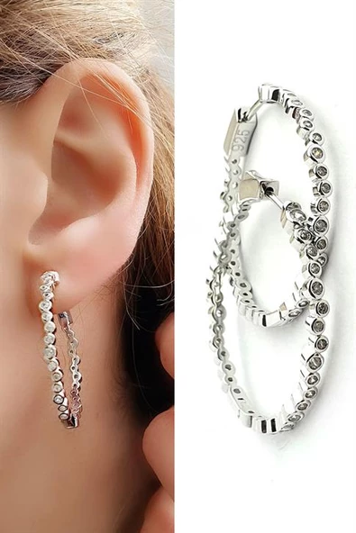 Zirkon Taş Detaylı 925 Ayar Gümüş Trend Halka Küpe ürün görseli