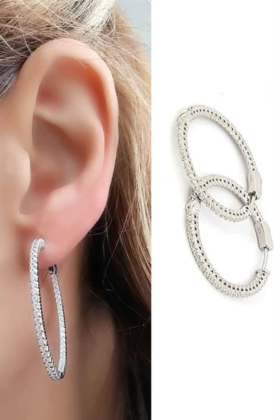 İtalyan 925Ayar Gümüş İçi Dışı Zirkon Taş Detaylı Halka Küpe ürün görseli