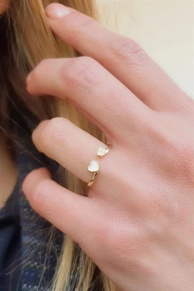 Sedef Taş Detaylı 925Ayar Gümüş  Altın Kaplama Ayarlanabilir Kalp Yüzük ürün görseli