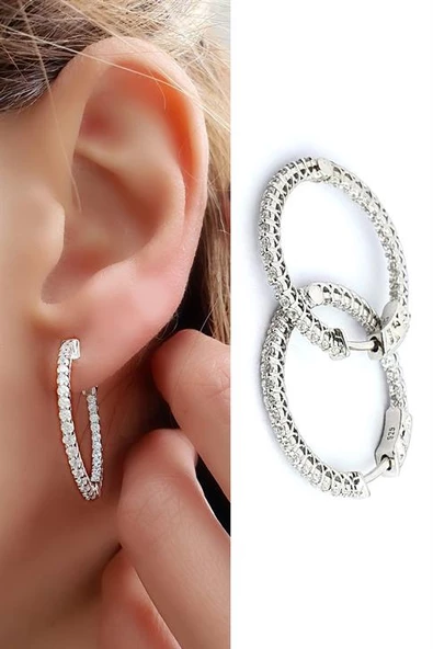 İci Dışı Zirkon Taş Detaylı 925Ayar Gümüş İtalyan Tasarımı Halka Küpe ürün görseli