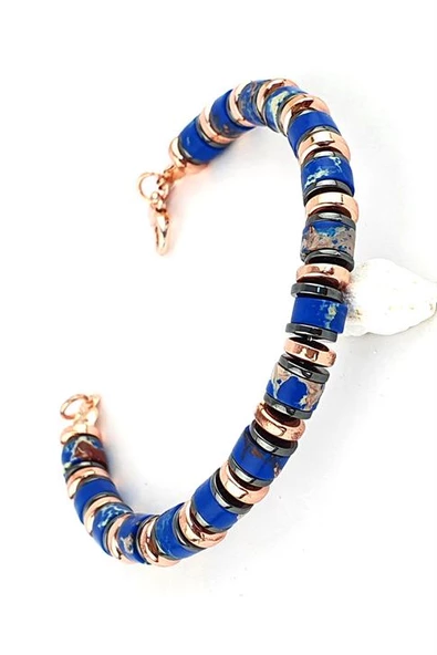 Lapis Lazuli  Hematit Taşlı Çelik Detaylı Tasarım Doğal Taş Bileklik ürün görseli
