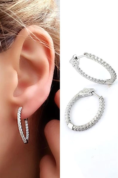 İci Dışı Zirkon Taşlı 925Ayar Gümüş İtalyan Tasarımı Halka Küpe Küpe Çapı 2.5 Cm ürün görseli