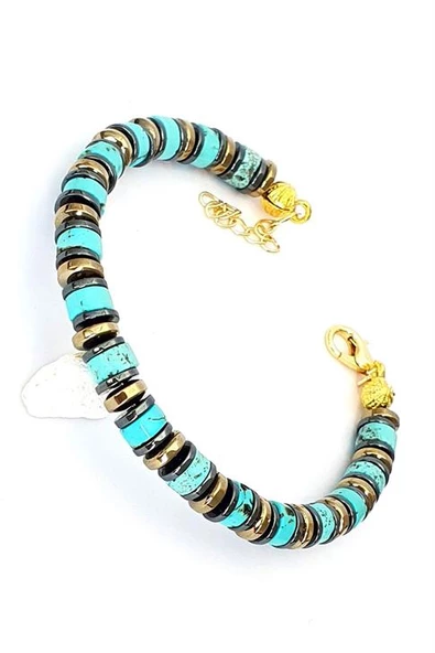 Turkuaz Hematit Taşlı Çelik Detaylı Tasarım Doğal Taş Bileklik ürün görseli