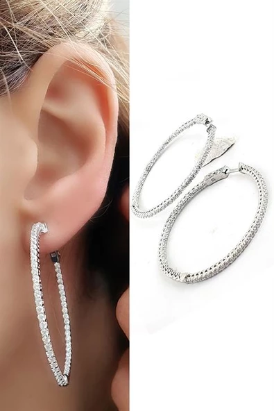 Zirkon Taş Detaylı 925 Ayar Gümüş Halka Küpe Çap 4.5 Cm Dir ürün görseli