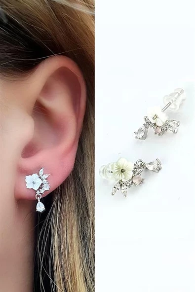 Sedef Taşlı El İşi Pembe Kuvars Taş Detaylı 925Ayar Gümüş El İşi Tasarım Küpe ürün görseli