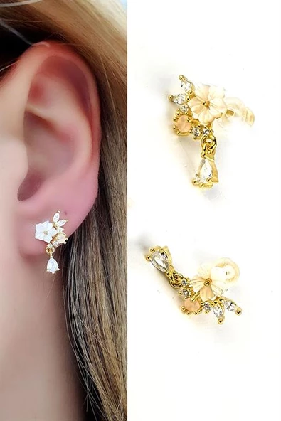 Sedef Taşlı El İşi Pembe Kuvars Taş Detaylı 925Ayar Gümüş Üzerine Altın Kaplama El İşi Tasarım Küpe ürün görseli