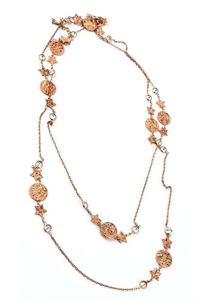 925Ayar Gümüş Üzerine Rose Altın Kaplama Tasarım El İşi Uzun Zincir Kolye ürün görseli