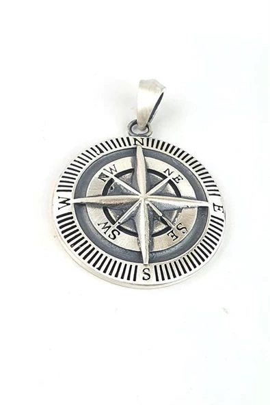 3 Boyutlu Özel Tasarım 925Ayar Gümüş Pusula  Figürlü Madalyon Kolye ürün görseli