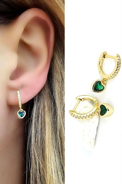 Yeşil Zirkon Taşlı Kalpli  925Ayar Gümüş Üzerine Altın Kaplama Minimal Sallantili Halka Küpe ürün görseli