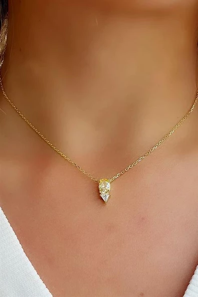 Sky Diamond Yellow Sitrin Taşlı 925Ayar Gümüş Damla Kolye ürün görseli