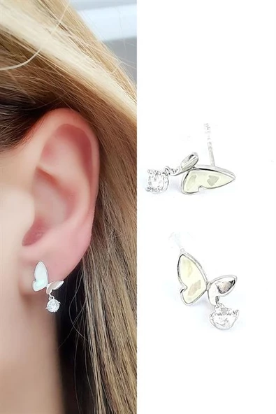 Sedef Taşlı 925Ayar Gümüş El İşi Tasarım Kelebek Küpe ürün görseli