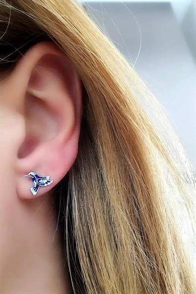 Lacivert Mineli 925Ayar Gümüş Tasarım El İşi Totem Kuşu Küpe ürün görseli