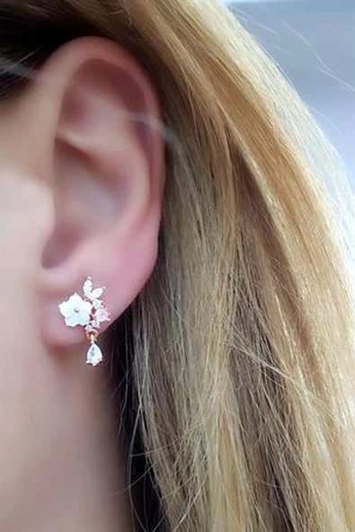 Sedef Taşlı El İşi Pembe Kuvars Taş Detaylı 925Ayar Gümüş Üzerine Rose Altın Kaplama El İşi Tasarım Küpe