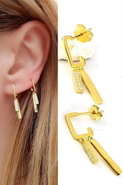 Pırlanta Parlaklığında Zirkon Taşlı 925Ayar Gümüş Üzerine Altın Kaplama İtalyan Tasarımı Trend Küpe ürün görseli