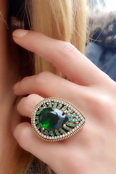 Yeşil Zirkon Taşlı Damla Otantik 925 Ayar Gümüş Tasarım Yüzük ürün görseli