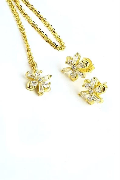 Pırlanta Parlaklığında Zirkon Baget Taşlı 925Ayar Gümüş Üzerine Altın Kaplama Minimal Çiçek Set Takım ürün görseli