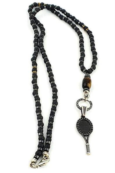 925Ayar Gümüş Tasarım Tenis Raketi Figürlü Volkanik Taş Hematit Kaplan Gözü Taşlı Tasarım Erkek Kolye ürün görseli