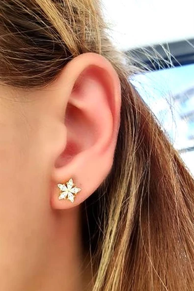 Pırlanta Parlaklığında Zirkon Taşlı 925Ayar Gümüş Üzerine Altın Kaplama Lotus Çiçeği Küpe