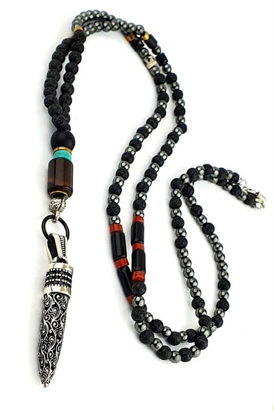 Tasarım Oniks Taş Detaylı 925Ayar Gümüş Kolye Ucu Detaylı Akik Hematit Turkuaz Oniks Volkanik Taş Detaylı Doğal Taş Erkek Kolye ürün görseli